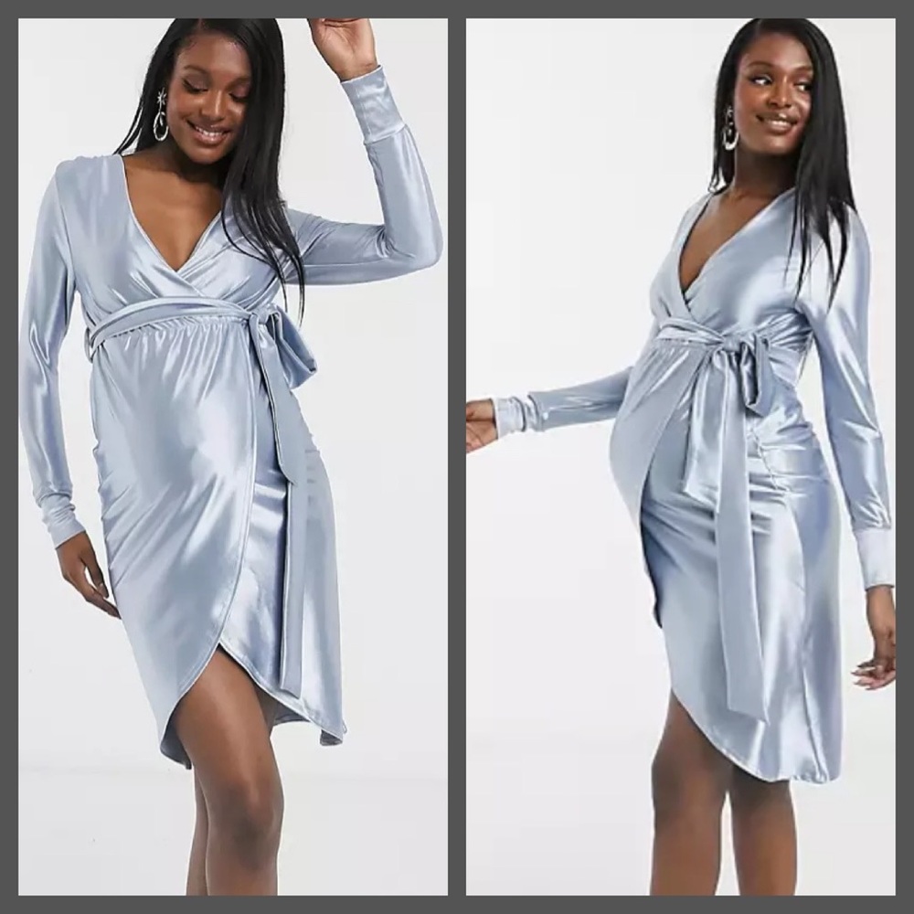 NWT Maternity Blue Satin Wrap Cocktail Midi Dress Size 10